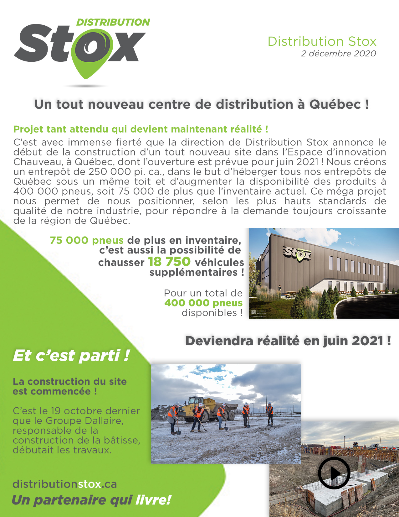 Distribution Stox- Construction centre de distribution à Québec